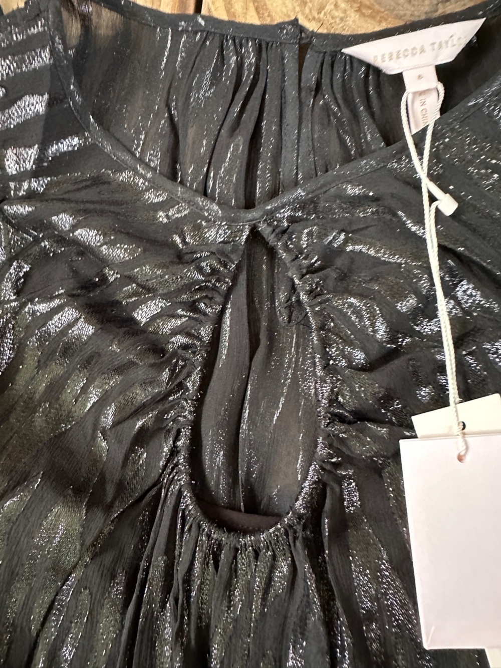 NWT Rebecca Taylor Short Sleeve Safari Dress Metallic Silk Black Size 8 - Picture 10 of 14